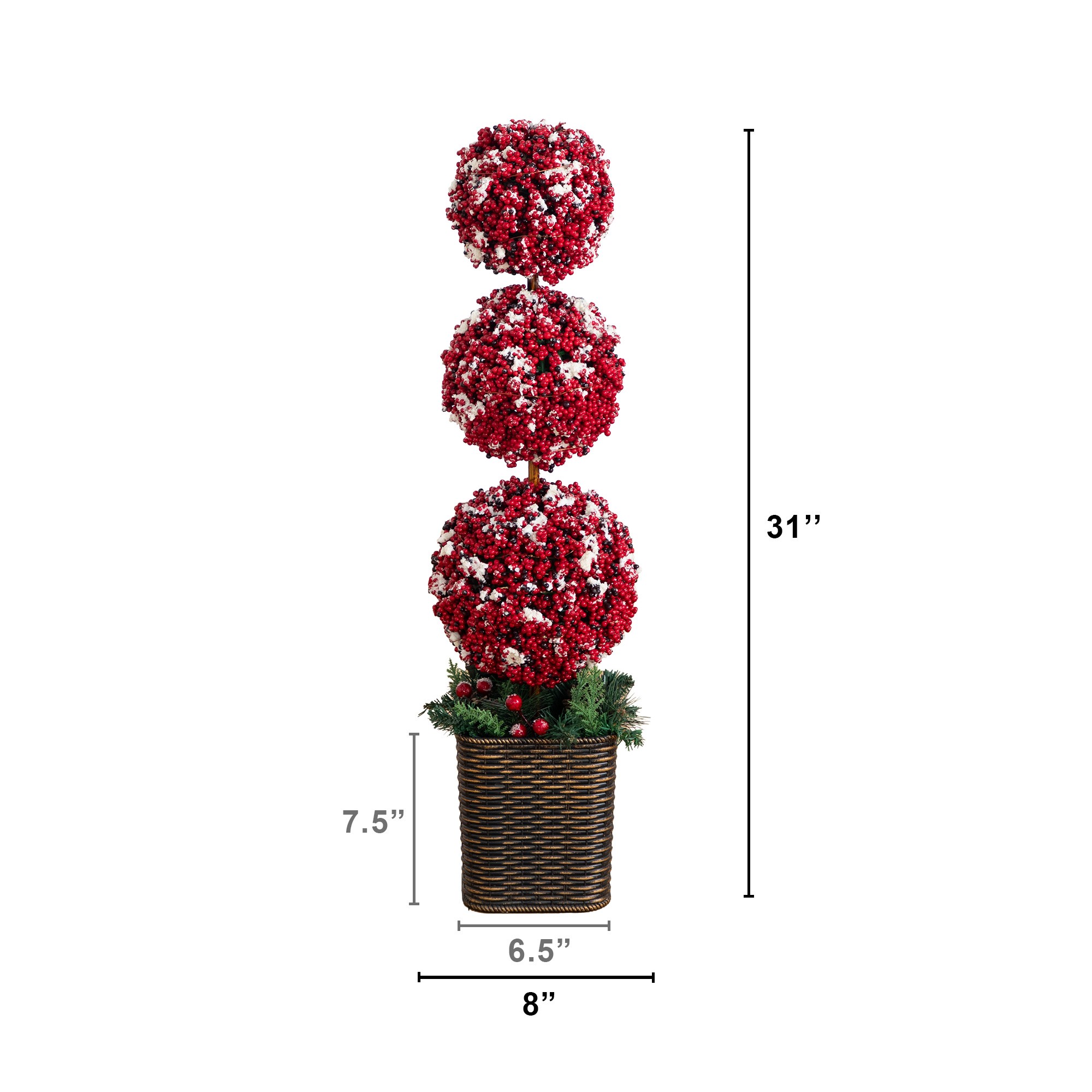 31in. Artificial Christmas Snowed Holly Berry Triple Ball Topiary Tree with 45 LED Lights in Decorative Planter