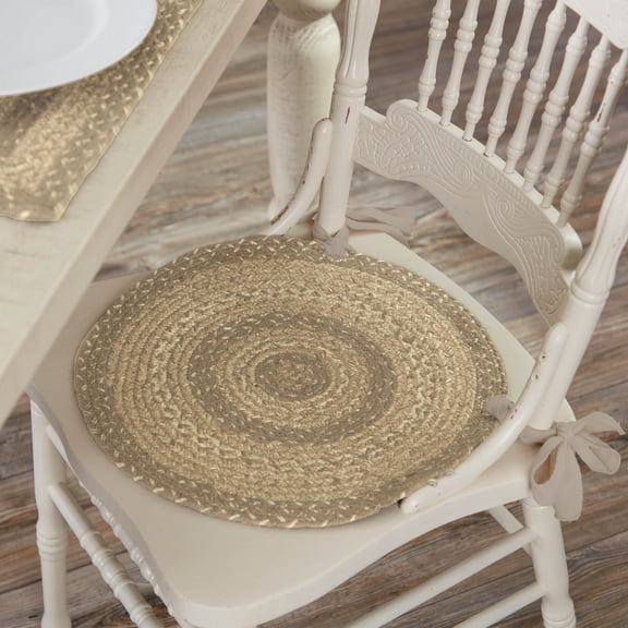 VHC Brands Cobblestone Round Seat Cushion Chair Pad, Tan Grey White, Jute Blend with Ties, 15x15 Inches
