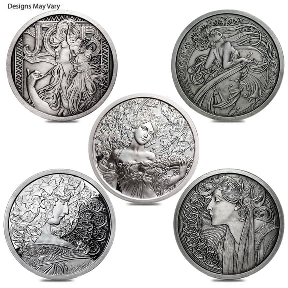 5 oz Mucha Collection Antiqued Silver Round .999 Fine (Random Design)