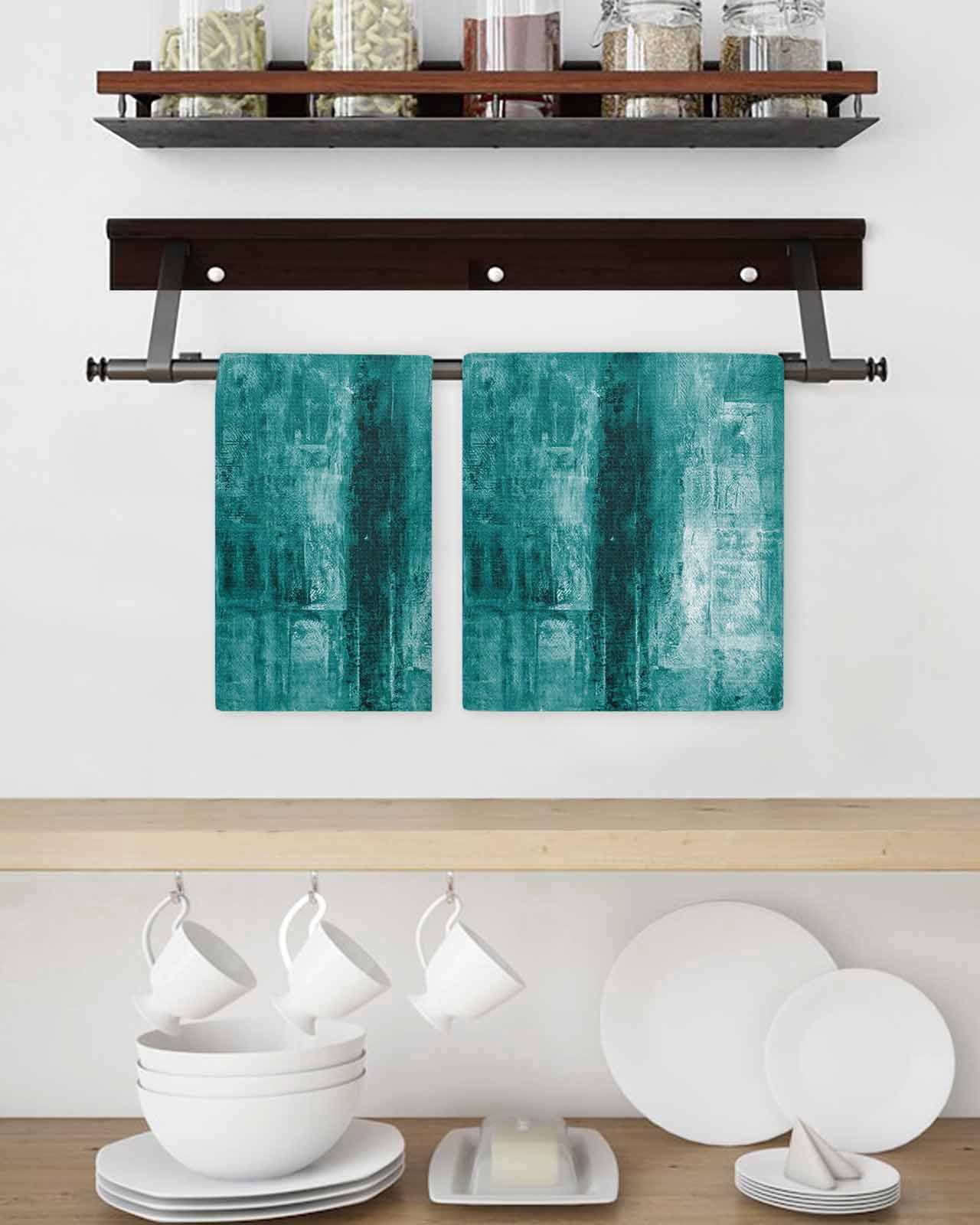 Teal Kitchen Dish Towels for Drying Dishes Set of 4, Retro Oil Painting Modern Abstract Art Aesthetics Waffle Weave Microfiber Hand Tea Bathroom Towels Quick Dry & Absorbent Towel 15.7x23.6