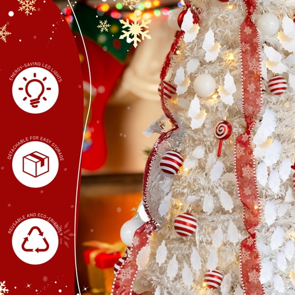 Alvantor 7 ft White Fully Decorated Pre-Lit Pop-Up Artificial Christmas Tree, 170 Warm White LEDs, 8 Modes, Red and White Ornaments
