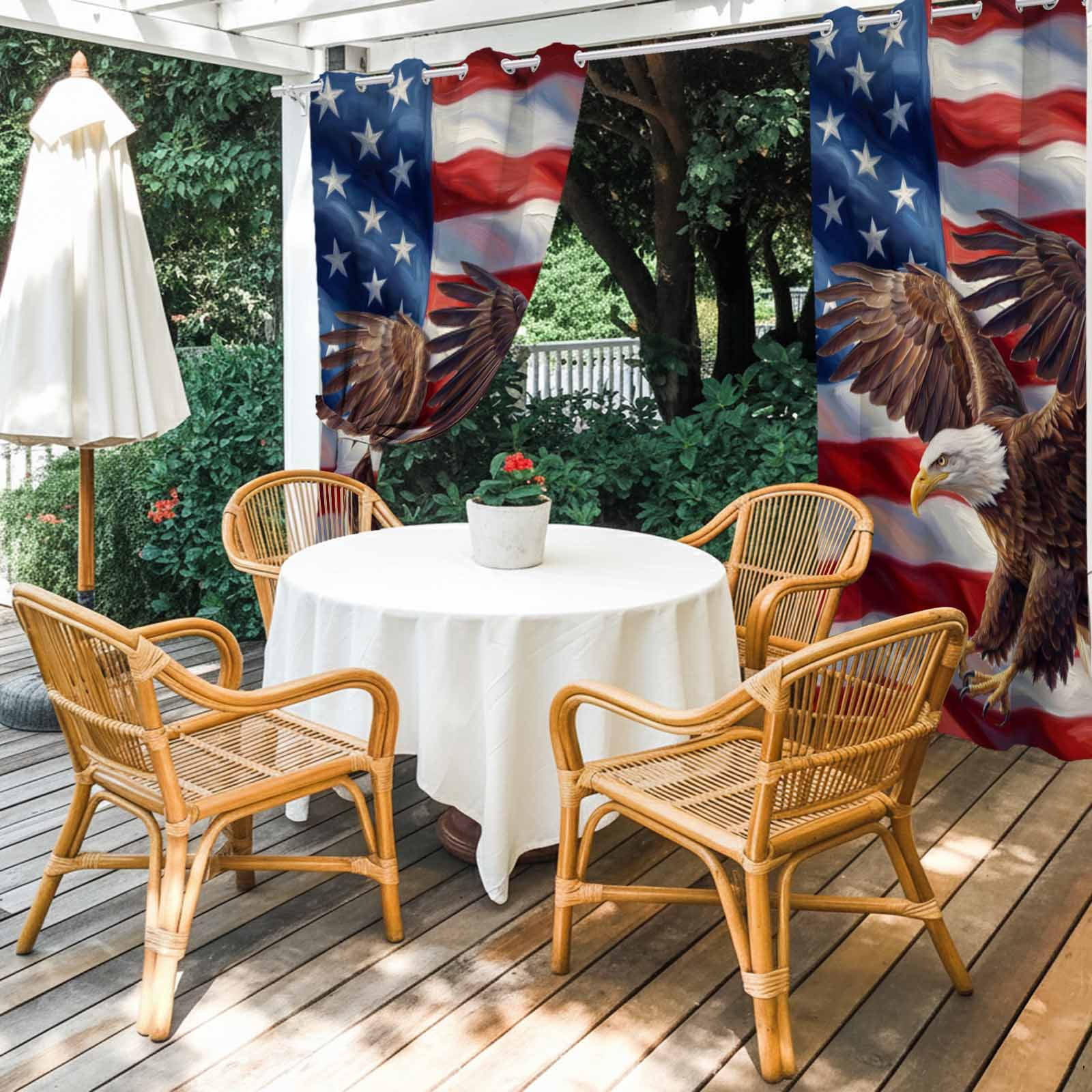 Independence Day Outdoor Curtains for Patio, Watercolor U. S. Flag Soaring Bald Eagle Sunshade Privacy Drapes Grommet Waterproof Outside Curtains for Porch/Cabana/Balcony 54"x 108", 1 Panel