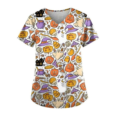 

Sksloeg Sksloeg Women Scrubs Tops Plus Size Halloween Day Summer Pumpkin Cat Bat Print Short Sleeve Working Uniform Holiday T Shirt Light Purple M