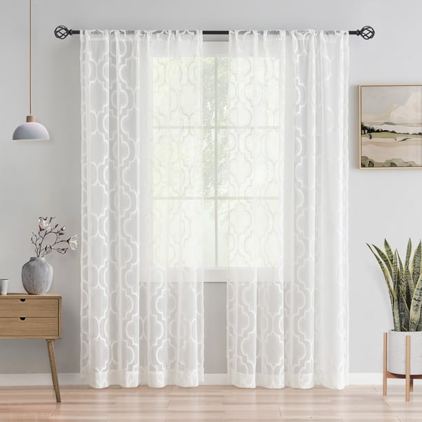 Junvictex White Lace Sheer Curtains for Living Room Geometric Window