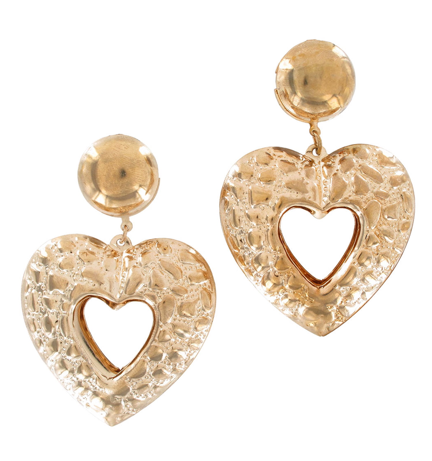 Large Mega Gold Tone Heart Dangle Pierced Statement Earrings