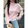 thumbnail image 2 of Women Turtle-Neck Sweater Chunky Long Sleeve Knitted Pullover High Low Hem Trendy Fall Winter Top Pink L, 2 of 7