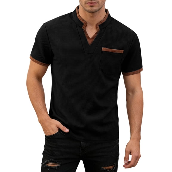 JAJAHO Mens V Neck T-Shirt Casual Stretch Solid Color Short Sleeve Pocket Tees Textured Shirts Versatile Tops