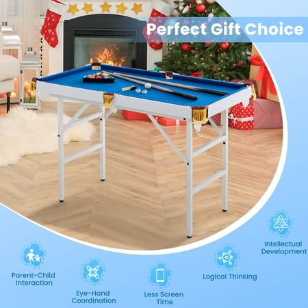 Costway 47'' Folding Billiard Table Pool Game Table for Kids w/ Cues & Chalk & Brush Blue - Blue
