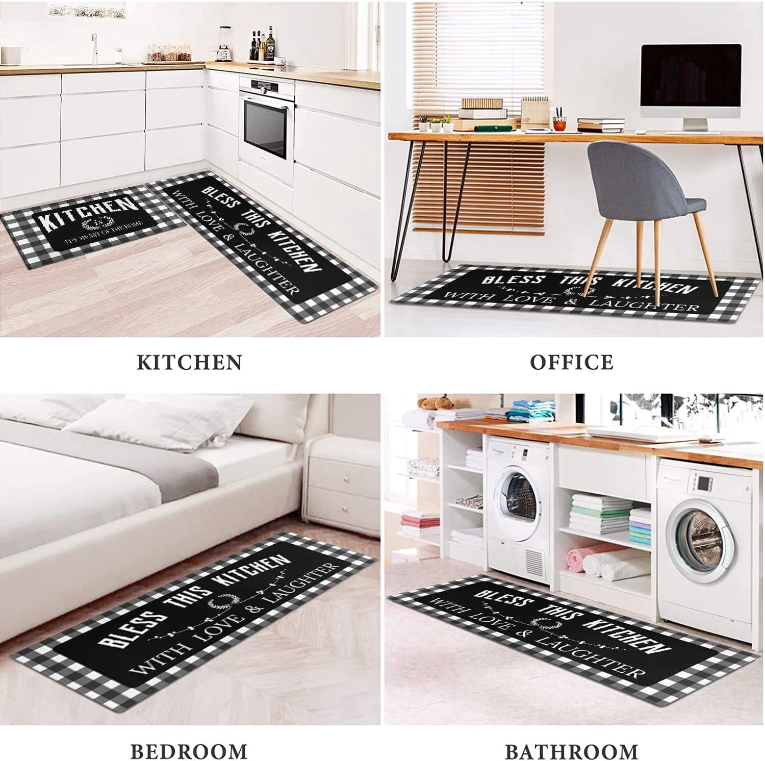 Black Kitchen Rugs and Mats Sets of 2, Funny Kitchen Decoration Rubber Backing Non-Slip Absorbent Mats for Sink Waterproof Runner Rug for Laundry Room 17x30+17x48inch