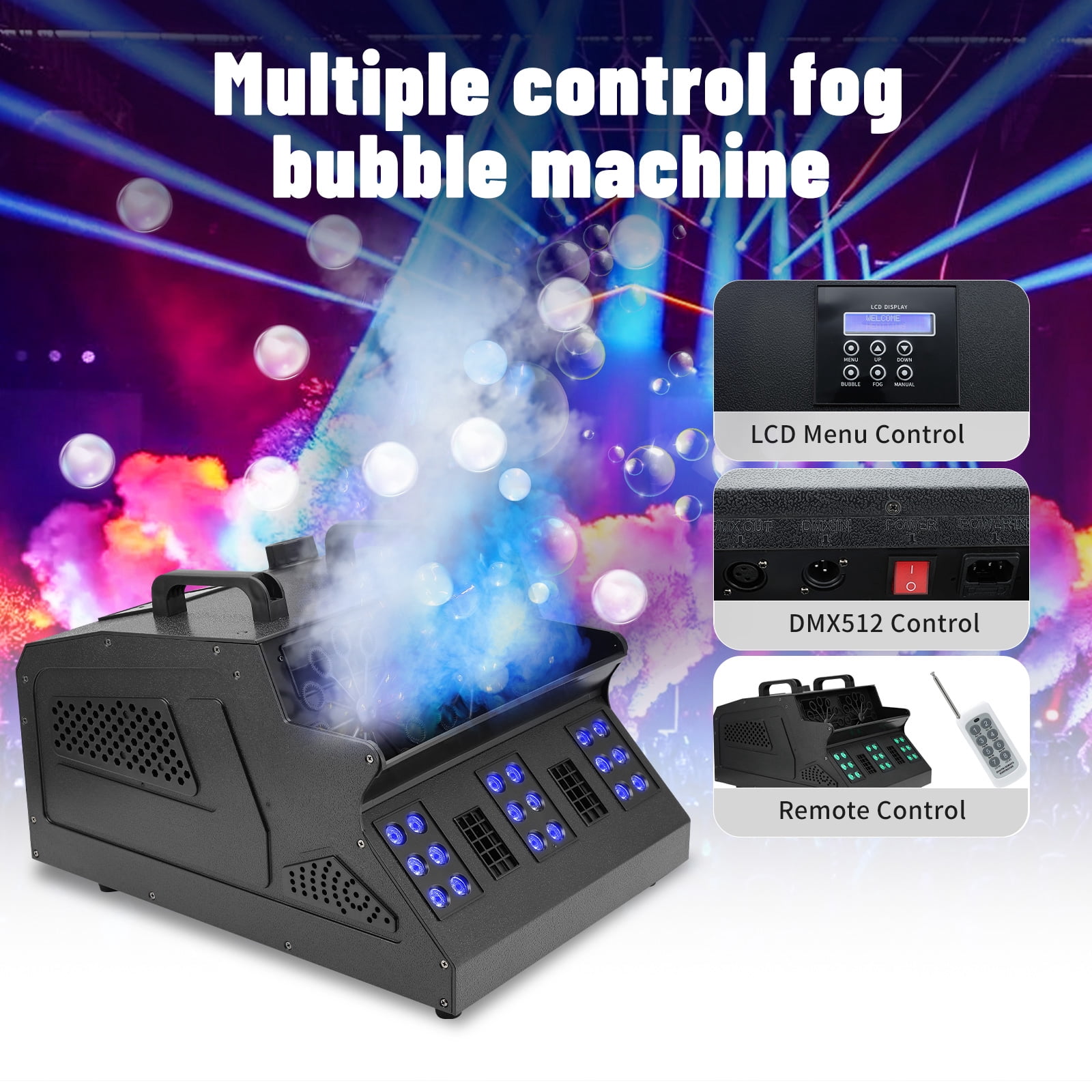 2000W Fog Bubble Machine, 3 in 1 Fog Machine with 2 Bubble Fans, 7 CH RGB 18 LED RGBW Lights Smoke Bubble Machine for Wedding, Birthday, Halloween, DJ Party, Stage