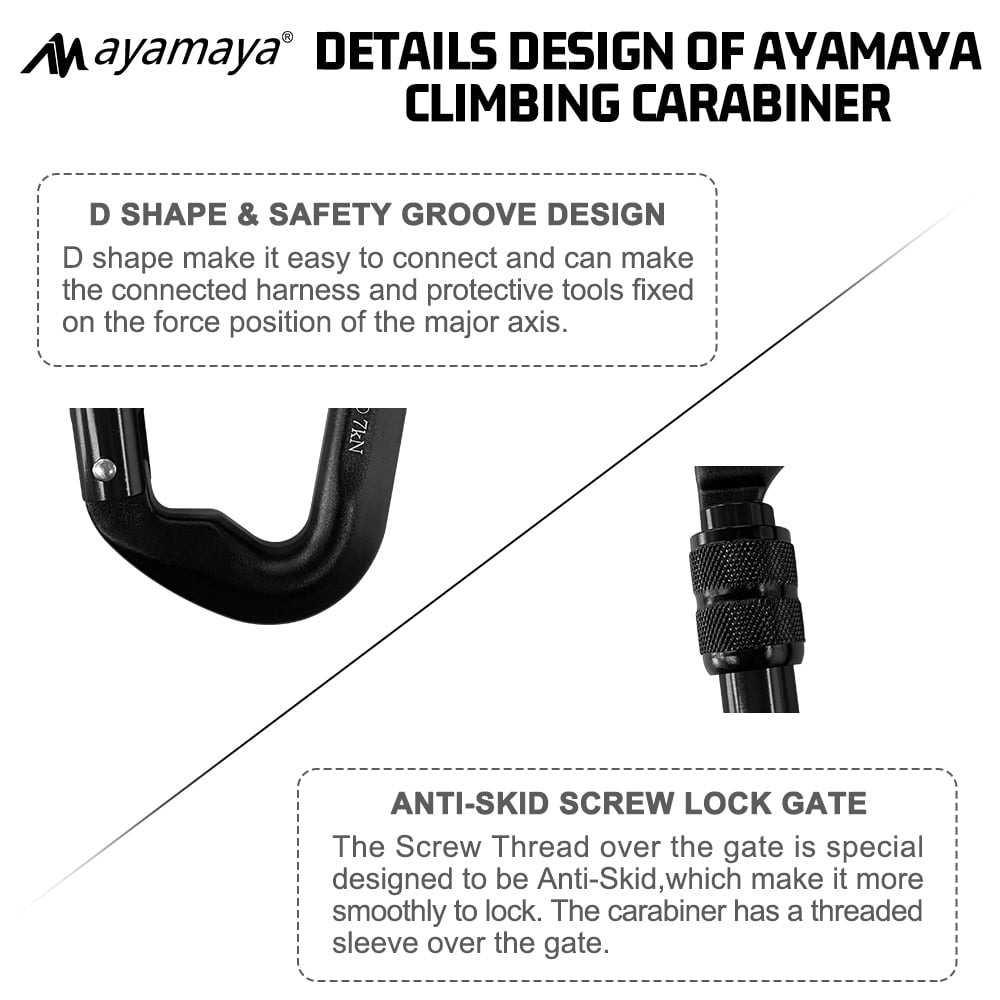 3PACK AYAMAYA Climbing Carabiner, Aluminum D Ring Locking Clip Hook, Screw Locking Screwgate Carabiners,Screw Lock Hook for Traveling Camping (Black)