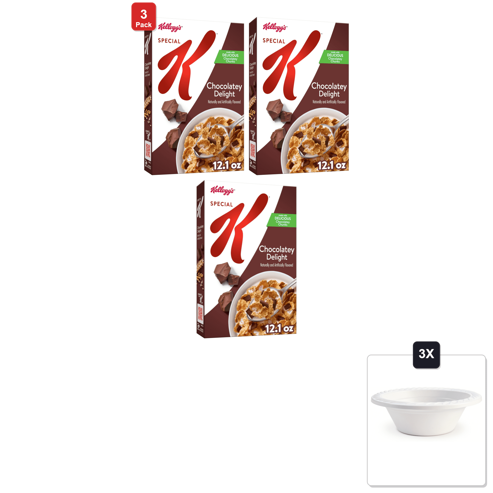 3 Pack | Kelloggs Special K Breakfast Cereal, Chocolatey Delight, 12.1 oz & 3x 12oz Disposable Plastic Bowl