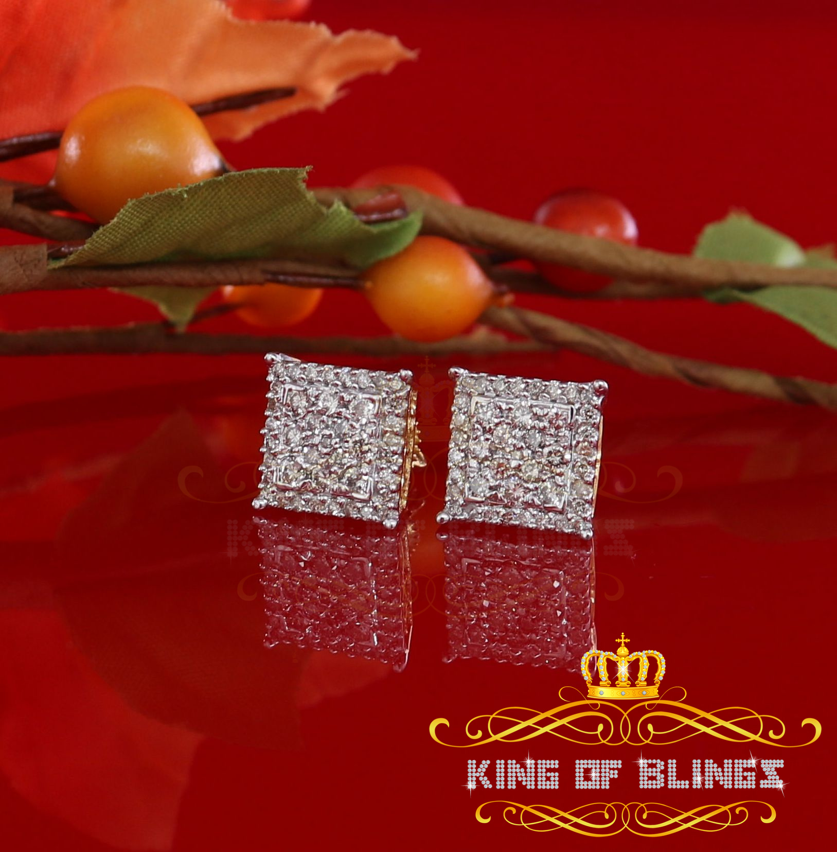 King of Bling's 10K Real Yellow Gold with 1.20CT Real Diamond Men's/Women's Stud Square Earrings