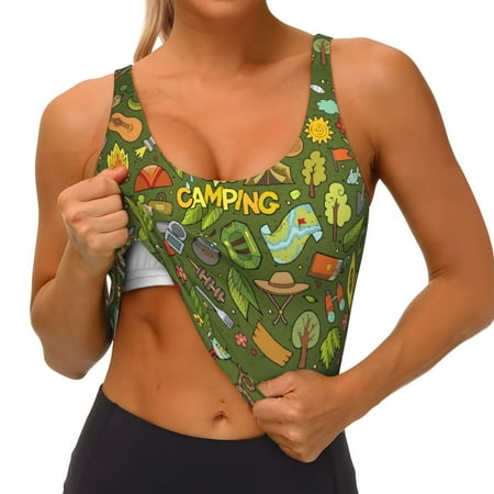 Qokaie Camping 1 Pattern Womens Scoop Neck Sports Bra Breathable Workout Vest Padded U Back Medium Impact Fitness Gym Yoga Bra Workout Crop Top