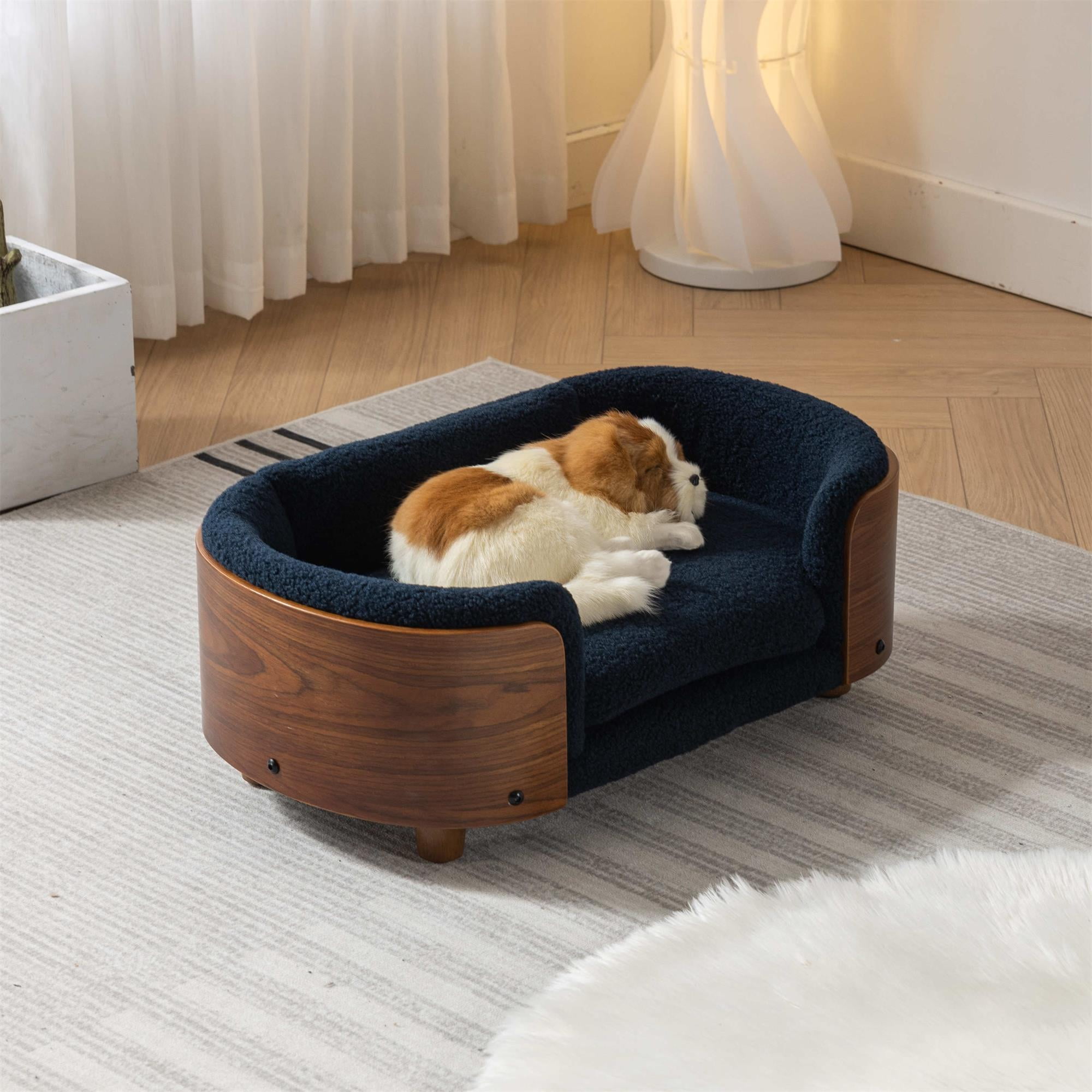 Pefilos 26" Pet Sofa for Indoors Dogs, Cat and Dog Bed with Solid Wood Legs and Walnut Bent Wood Back, Cashmere Cushion, Blue Pefilos 26" Pet Sofa for Indoors Dogs, Cat and Dog Bed with Solid Wood Legs and Walnut Bent Wood Back, Cashmere Cushion, Blue