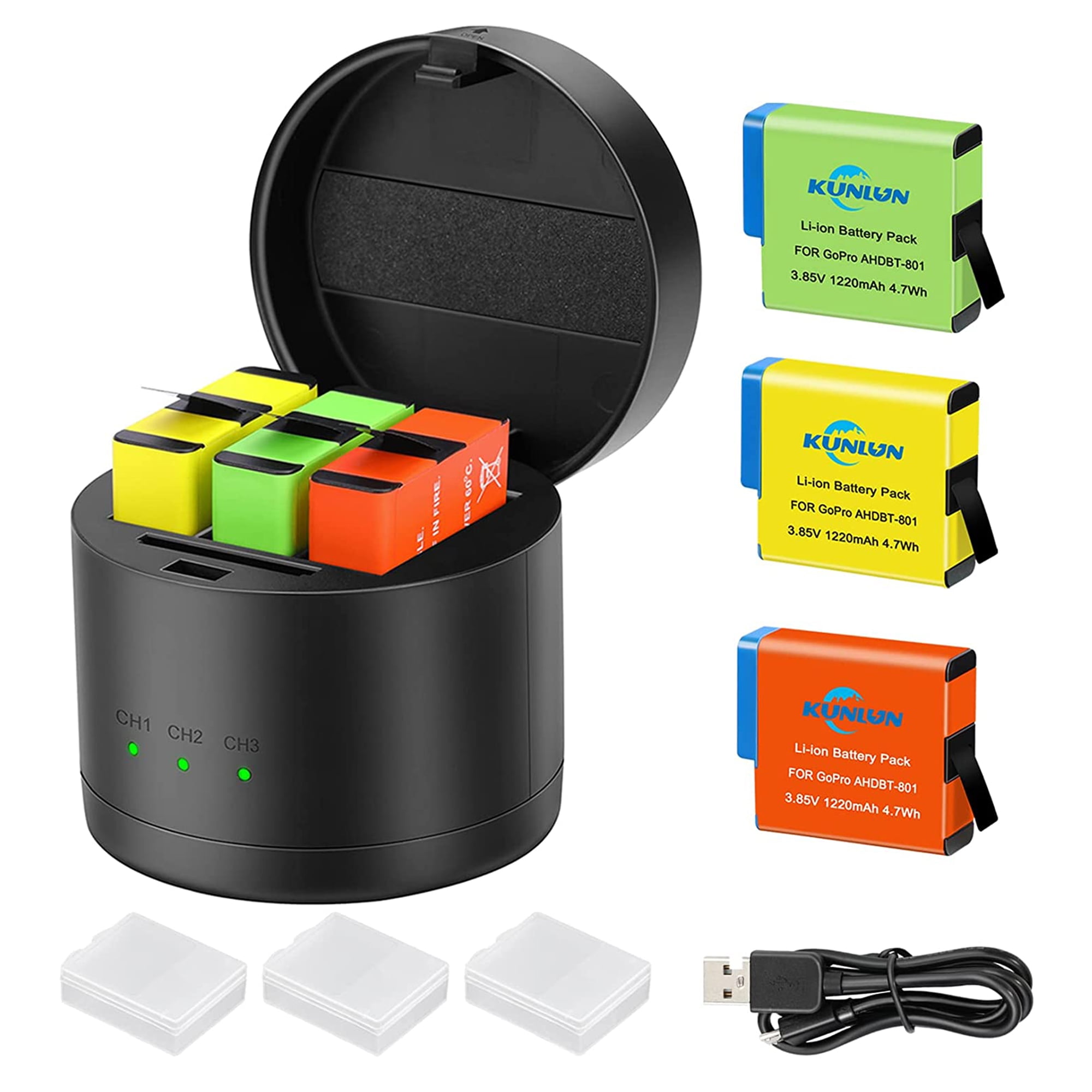 TELESIN Chargeur de Batterie Triple Set pour GoPro Hero 8 Hero 7 Hero 6  Hero 5 Black, Chargeur + 2 Batteries avec câble USB Type-C Kit  d'accessoires
