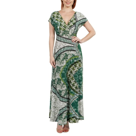 Capelli Print - Women's Lena Short Sleeve Green Print Empire Waist Maxi Dress