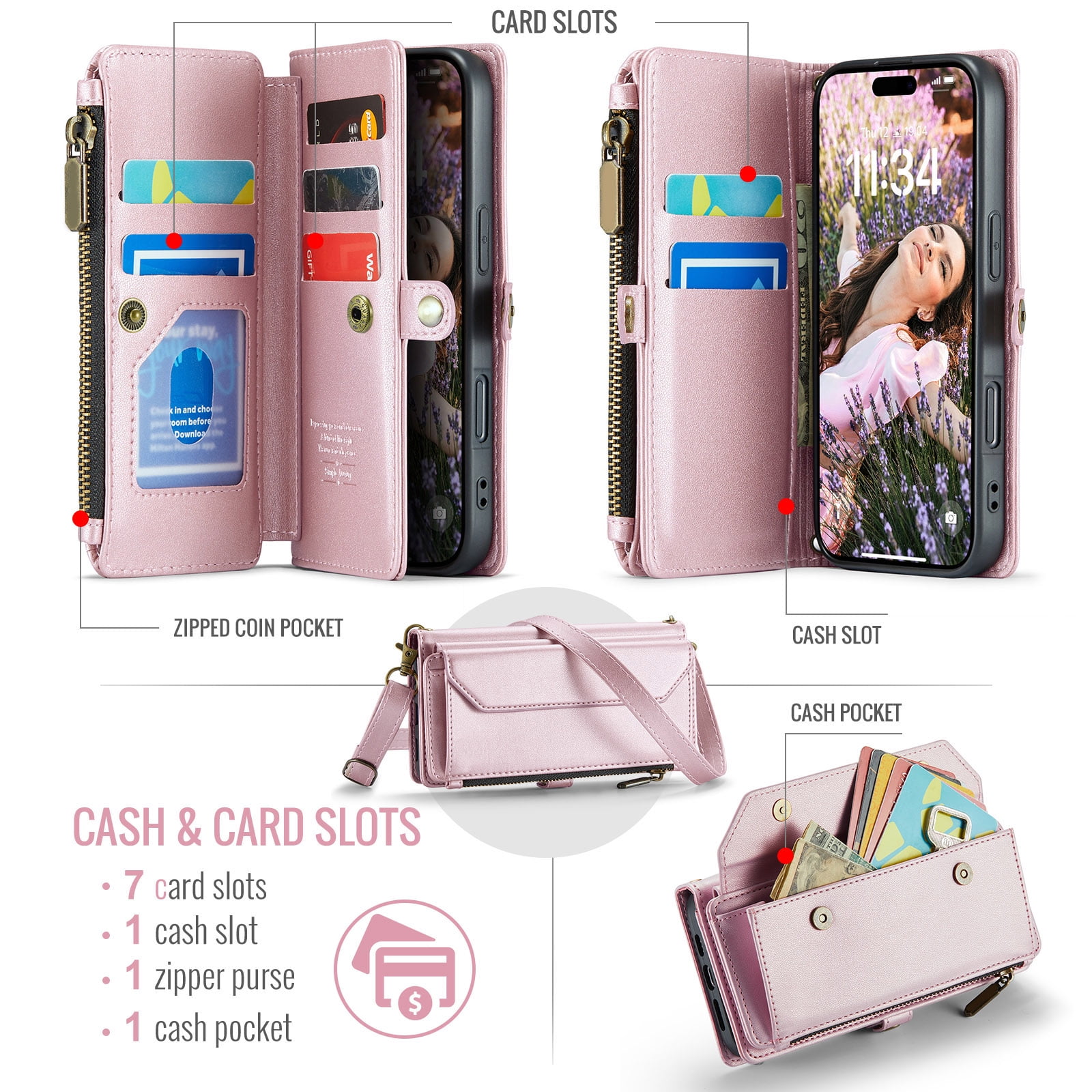 Asuwish Compatible with iPhone 16 6.1 inch Zipper Wallet Phone Case Tempered Glass Screen Protector Crossbody Lanyard Strap Flip Card Holder Slot Cell Cover for i Phone16 i16 16Case Women Rose Gold