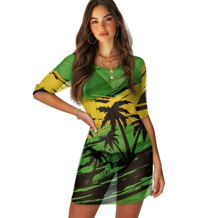 FKELYI Grunge Jamaican Flag Palm Tree Print Bikini Suit Cover Ups for Women Summer Beach Dress Chiffon Beachwear Round Neck Swimwear Cover-Up for Ladies Travel Vacation  S