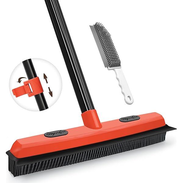 HAYAN Rubber Broom Carpet Rake Brush for Pet Hair with Squeegee, 52.8 inches Long Handle Silicone Fur Scraper Removal Tool with Detailing Lint Comb for Rug, Tile, Hardwood Floor Cleaning (Red)