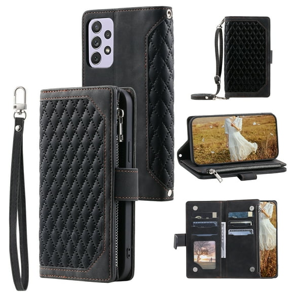 Feishell Crossbody Wallet Phone Case for Samsung Galaxy A52 4G/5G,Luxury PU Leather Magnetic Buckle Zipper Pocket Card Slots Flip Stand Protective Cover with Hand Strap & Shoulder Strap,Black