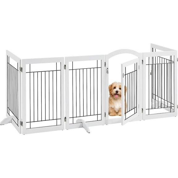 Bilot 123'' Extra Wide Pet Gate with Door Freestanding Dog Gate for Doorways 6 Panels Pet Dog Gate Indoor with 3PCS Support Feet, 123'' x 32'' White
