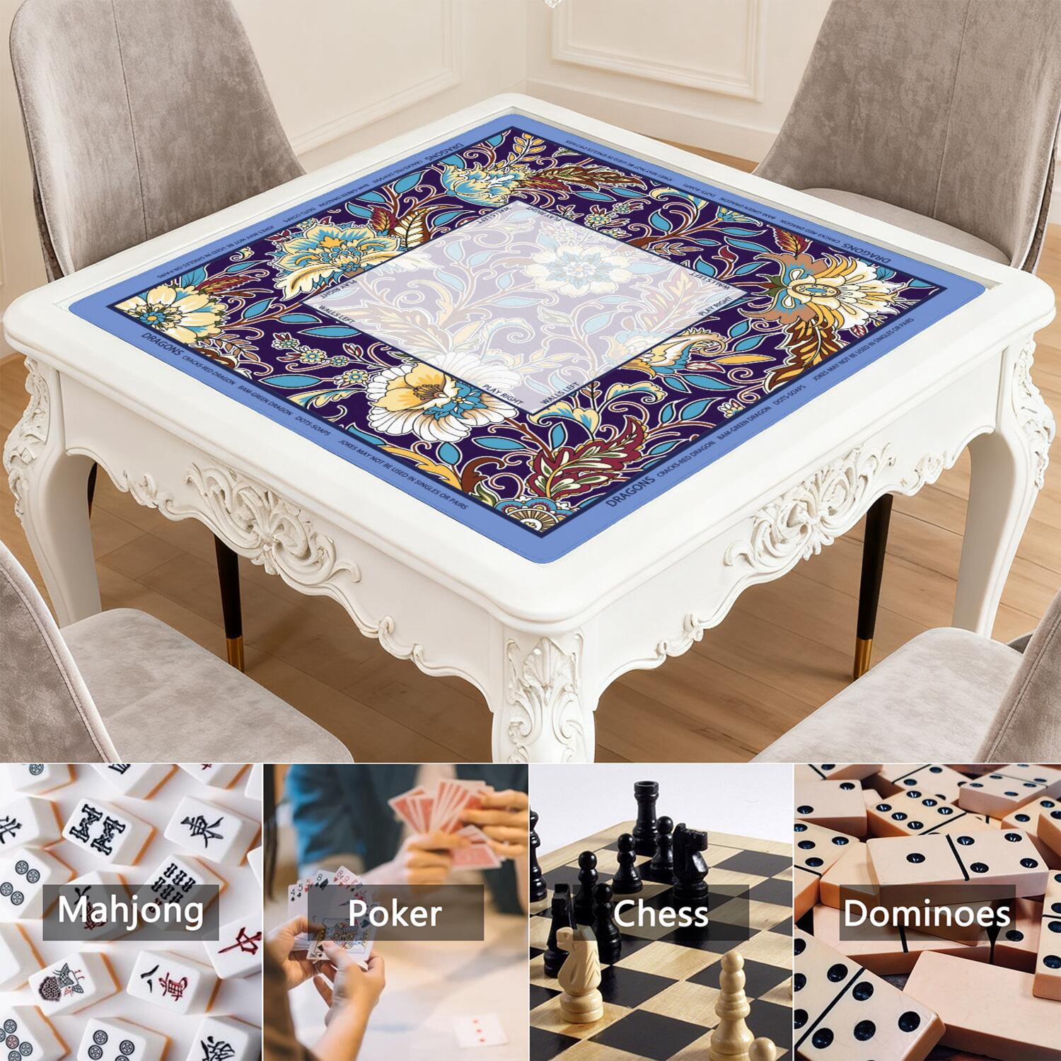 Flower Mahjong Mat with Rules, 31.5*31.5in Anti Slip American Mahjong Mat for Table, Noise Reduction, Neoprene Mah jongg Mats with Carrying Bag & 3 Dices, Mahjong Supplies Gift, Board Tile Games Mats