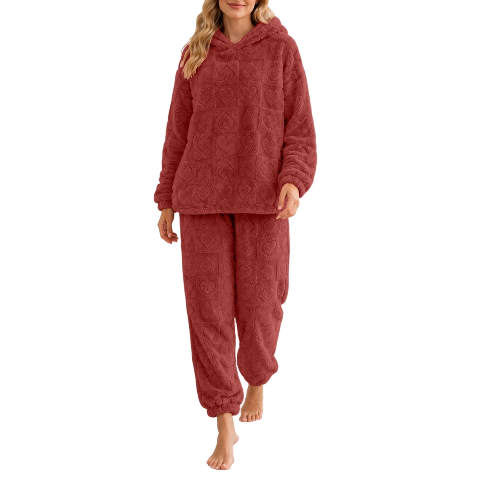 Viluyesy Womens Fleece Pajama Set 2 Piece Embossed Heart Plush Loungewear Long Sleeve Hoodie Drawstring Jogger Pants Warm Cozy Sleep Pjs Wine Free Size