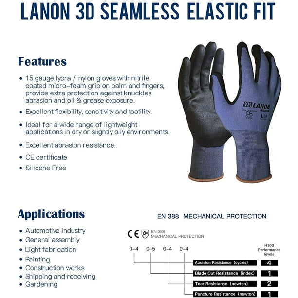 LANON 3 paires de gants de travail en nitrile, ajustement