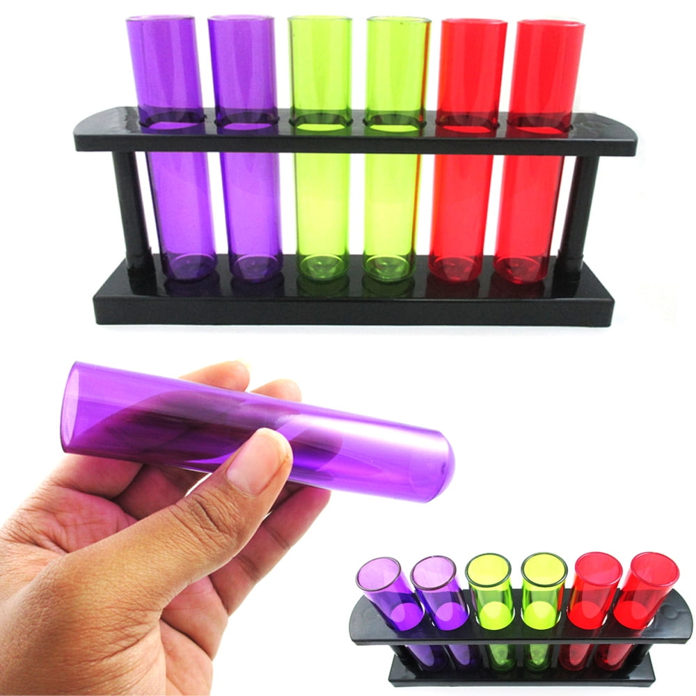 6 Multi Coloured Test Tube Shooters Rack Novelty Shot Glasses Party Drinking Fun