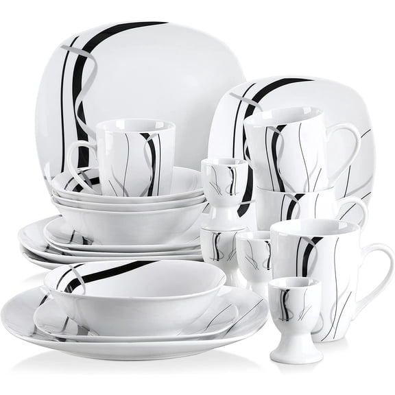 VEWEET, 20 Pieces Dinnerware Sets, Porcelain Dishes Set for 4, Square Black and White Plate Sets, Series Fiona