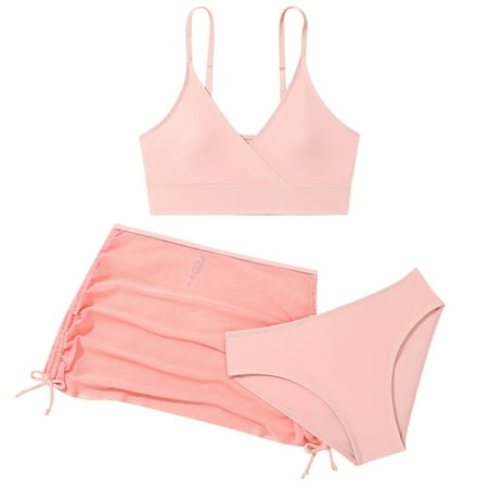 uikmnh Girls swim set Girls  3 Piece Plain Swimsuit Wrap Bikini with Ruched Cover Up Skirt Set Size:8-9 Years
