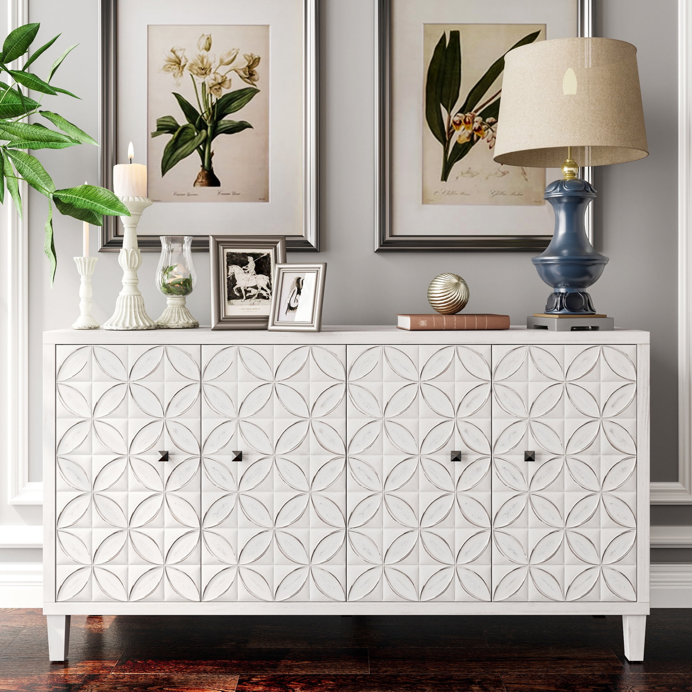 Noble House Shabby Chic Accent Cabinet, 4 Doors with Adjustable Shelves, for Living Room, Dining Room, White Washed