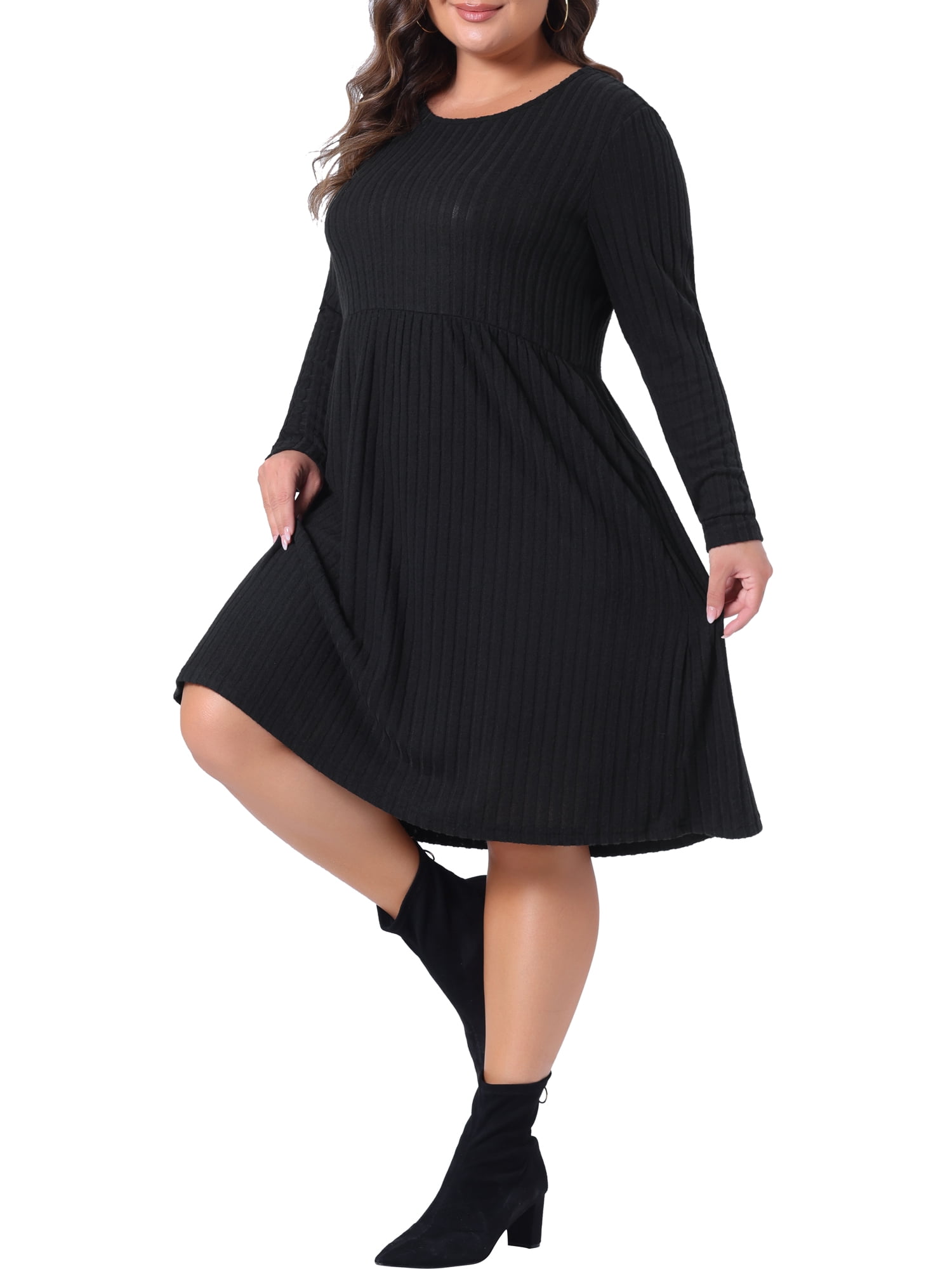 DARING DIVA Plus Size Round Neck Long Sleeve Casual Knit Dress 4X Black