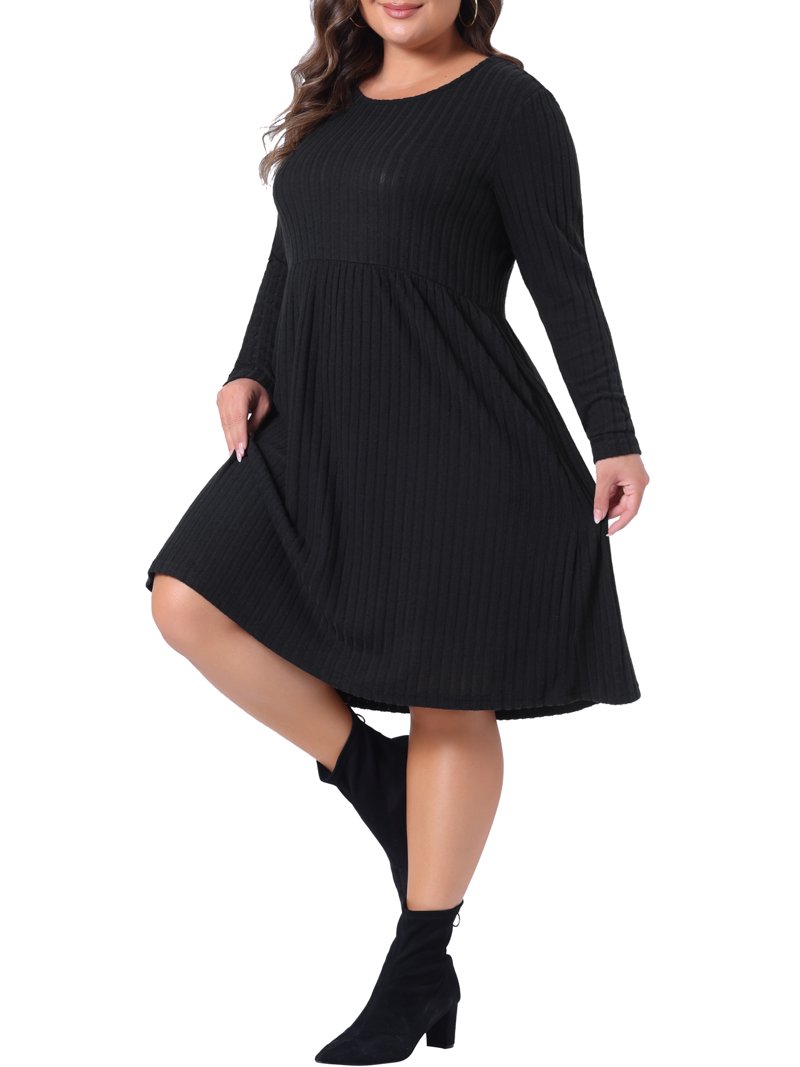 Daring Diva Plus Size Round Neck Long Sleeve Casual Knit Dress 3X Black, Women's, Size: 3XL