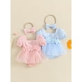 thumbnail image 4 of Aojekbee Infant Baby Girls Summer Romper Dress with Bow Headband 3D Flower Short Puff Sleeve Neck Tulle Jumpsuit, 4 of 10