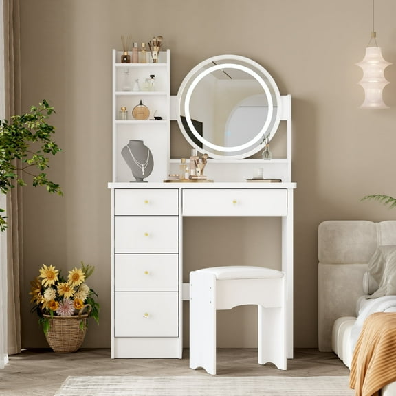 OXYLIFE Vanity Table Set with Mirror and Dimmable LED Lights, Makeup Table with 5 Drawers and Shelves, Dressing Vanity Tables for Girls Women, White