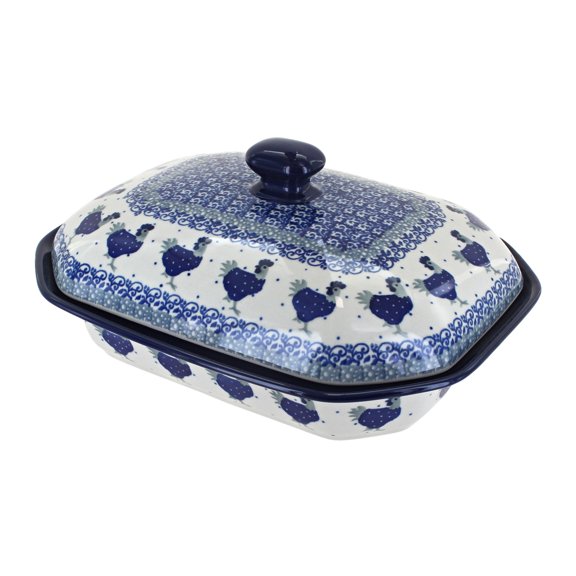 Blue Rose Polish Pottery Barnyard Rooster Medium Covered Baker