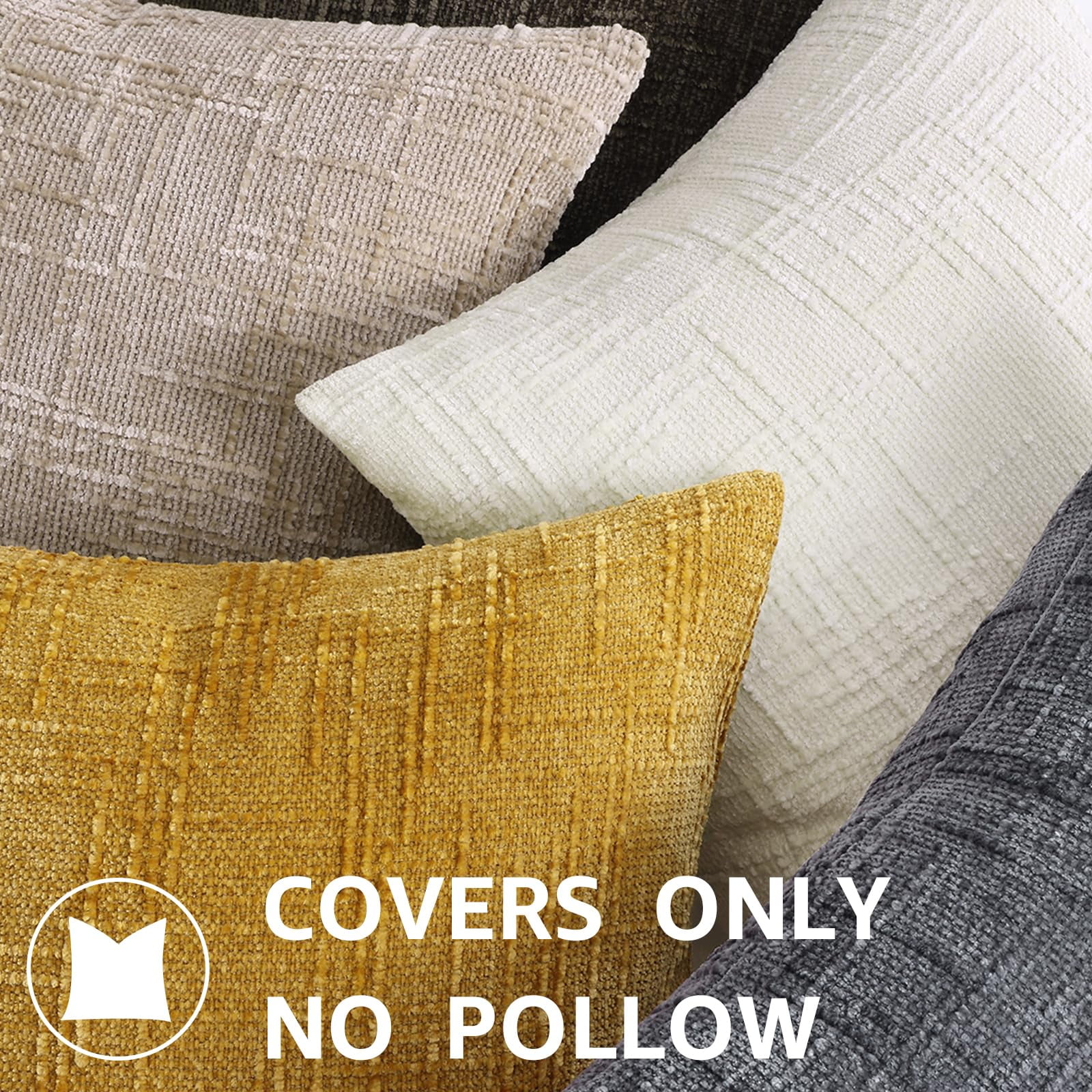 HAPPINESS Chenille Throw Pillow Covers 20x20 Set of 2 Thick Textured Slubby Couch Pillow Covers Farmhouse Accent Modern Neutral Decorative Pillow Cases for Bed Sofa Living Room