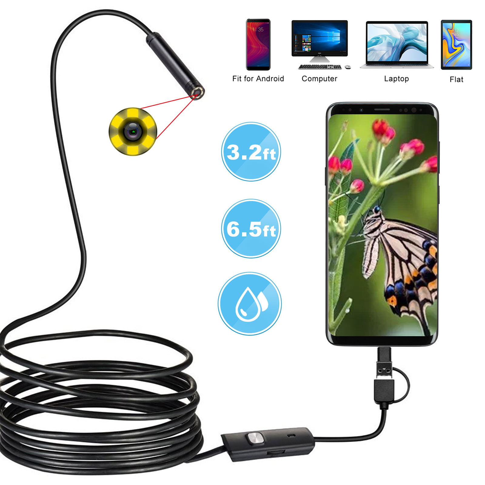 USB Inspection Endoscope Camera 2.0 MP HD 3 in 1 Borescope USB/Micro USB/Type-C Adjustable 8 LED Lights for Android Smartphone and Windows Devices 