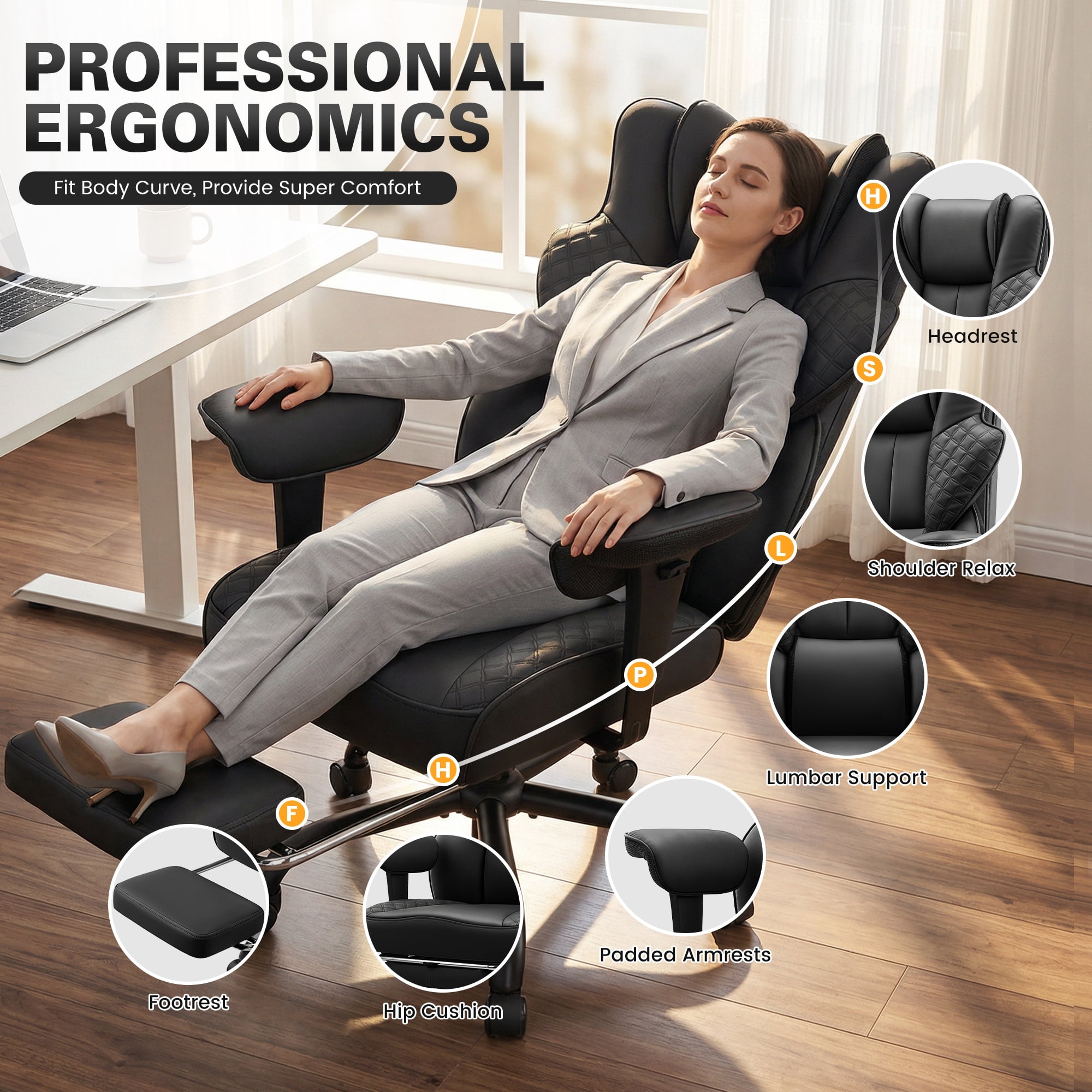 COOLHUT Big and Tall Office Chair 500lbs, Heavy Duty Ergonomic Office Desk Chair with Deluxe Embossing PU Leather with Footrest, Executive Gaming Chair with Lumbar Support, Black
