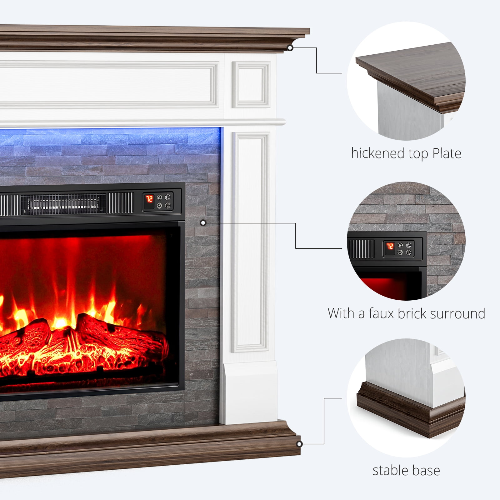 LGHM 44" Electric Fireplace with Mantel, Free Standing Fireplace Heater with LED Lights for Living Room, Bedroom, White & Brown