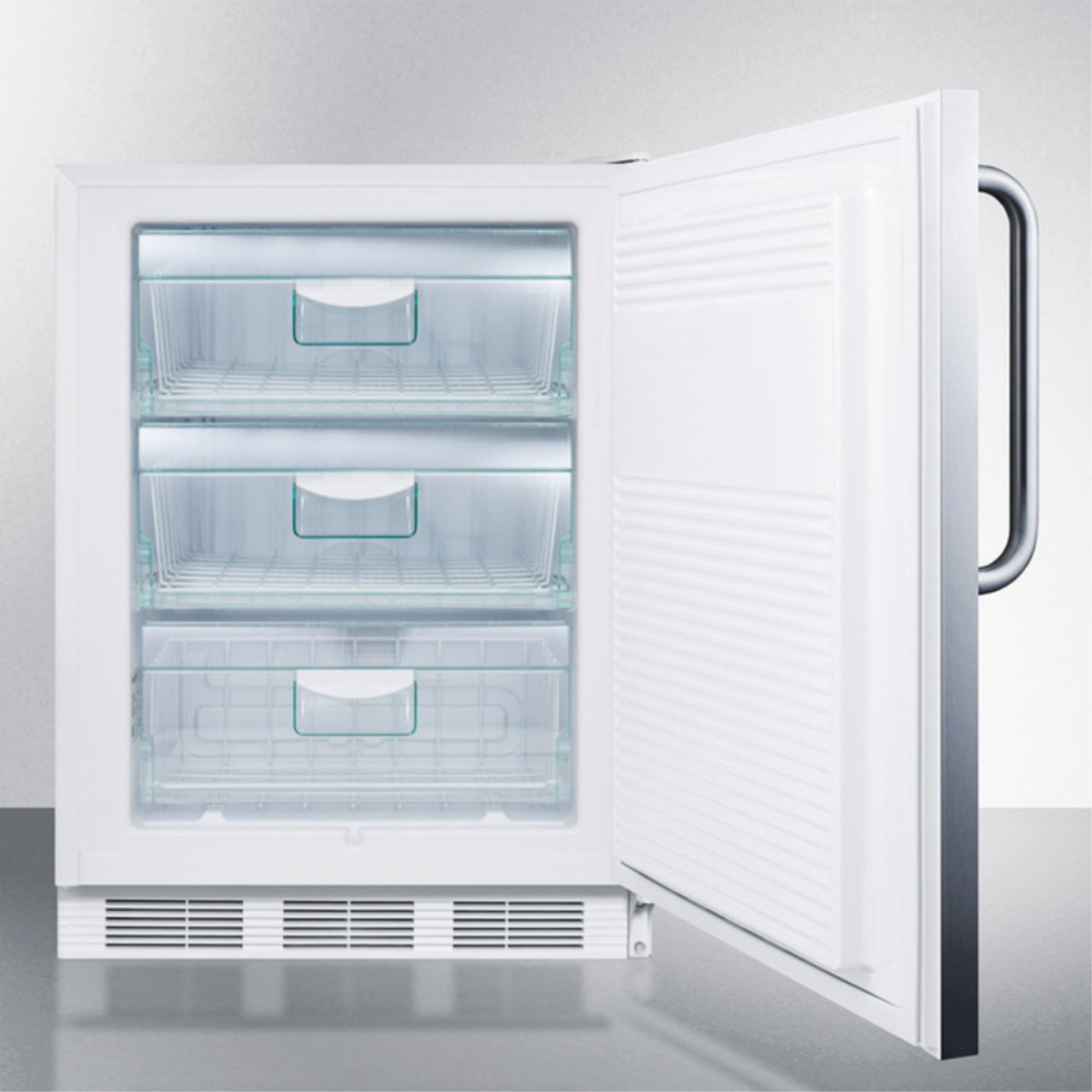 Built-in medical all-freezer capable of -25 C operation in complete stainless steel with front lock; built-in or freestanding capable