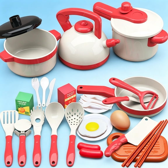 Kids Pretend Kitchen Cookware Playset, Mini Red White Plastic Cooking Toy Kit, Little Chef Role Play Educational Toy, Birthday Holiday Gift for Toddler Boys Girls Ages 3 