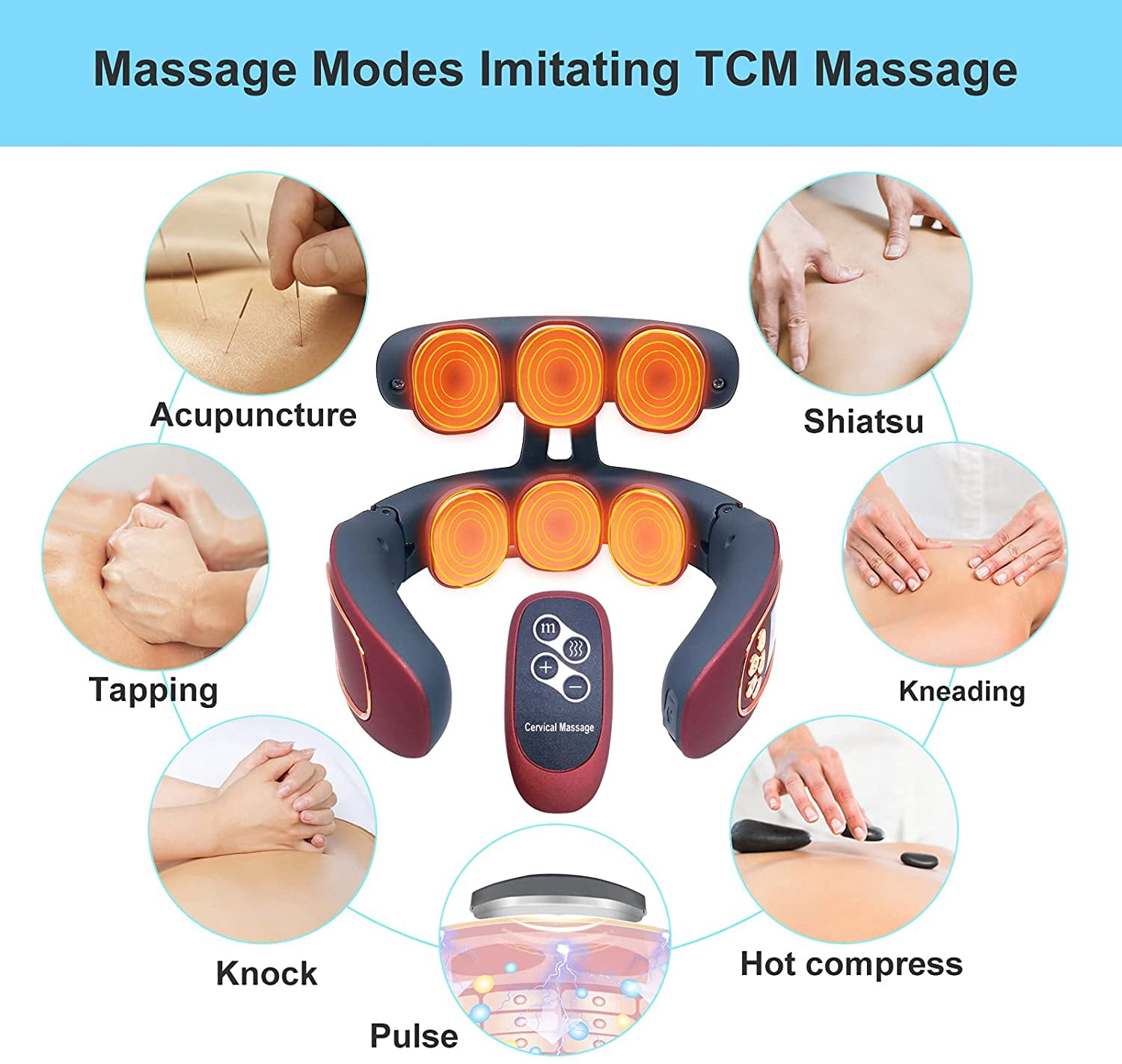 Electric Neck Massager with Heat - Intelligent Pulse Neck and Shoulder Pain Relief Massager Cordless Deep Tissue Trigger Point Massager for Women and Men (6 Pads)