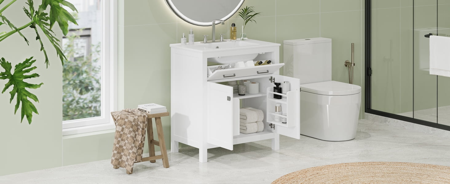 Euroco 30" Bathroom Vanity with Ceramic Sink – Solid Wood Frame, Flip-Out Drawer, U-Shaped Adjustable Shelf, and Soft-Close Doors