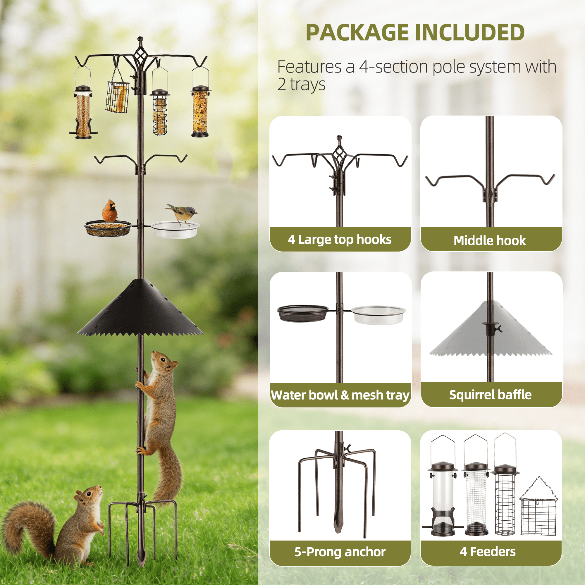 Urban Deco Bird Feeding Station,A Set with 6 Bird Feeders Hanging,Wide Metal Squirrel Baffle , Bird Feeder Poles Kit Premium Bird Bath for Attracting Wild Birds