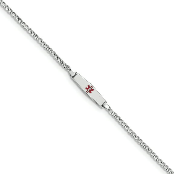 Primal Gold 14 Karat White Gold Medical Semi-Solid Soft Diamond Shape Red Enamel Cuban ID Bracelet