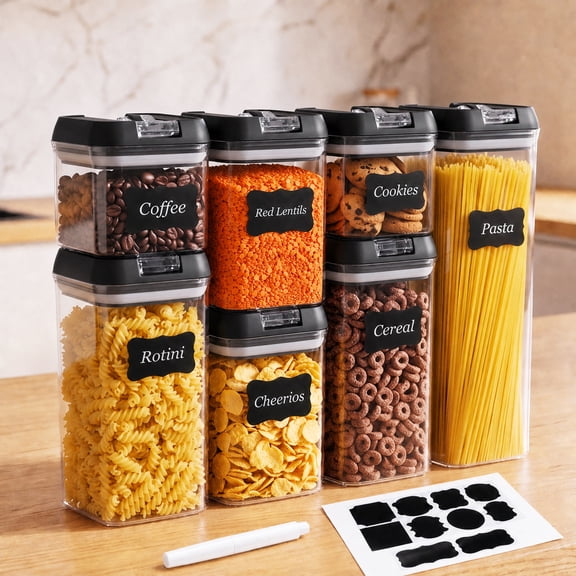 YEERSWAG® 7pcs Airtight Food Storage Containers,4 Assorted Sizes Stackable Pantry Canisters with Black Lids,BPA-Free Clear Dry Food Jars for Pasta Cereal Flour,Interchangeable Lids with Labels,Marker