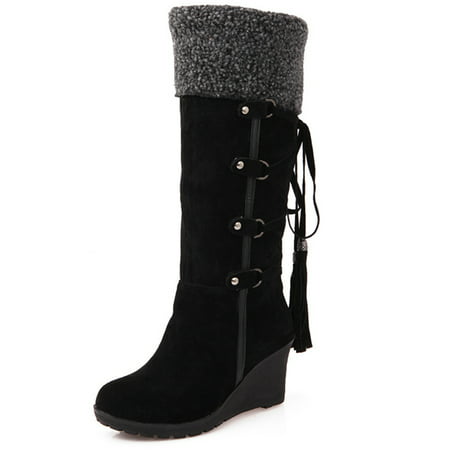 Women's Casual Winter Furry Knee High Snow Boots Lace Up Wedges Heel Shoes